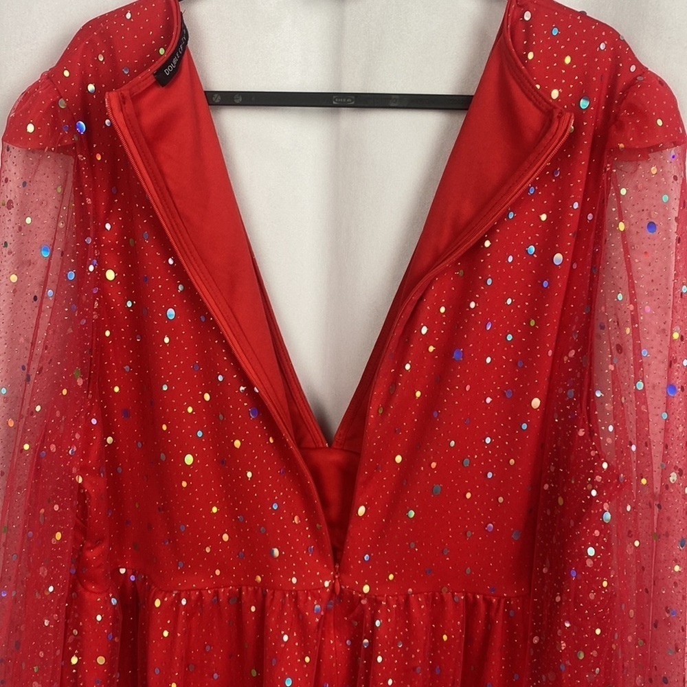 Double Crazy Puff Sleeve Ruched Waist Sheer Mesh Overlay Dress - Size 3XL - Picture 12 of 12